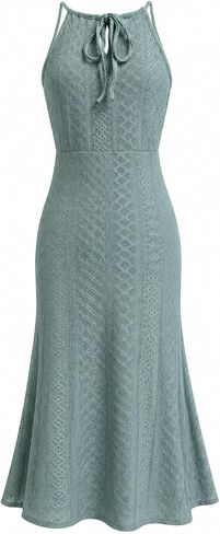 LOVESHOOT Halter Sundresses for Women 2026 Summer Eyelet Ruched Bodycon Midi Dresses Casual Crochet A Line Dress with Slit in Saudi Arabia