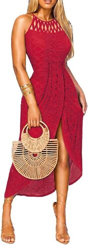 LOVESHOOT Halter Sundresses for Women 2026 Summer Eyelet Ruched Bodycon Midi Dresses Casual Crochet A Line Dress with Slit in Saudi Arabia