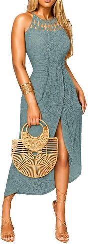 LOVESHOOT Halter Sundresses for Women 2026 Summer Eyelet Ruched Bodycon Midi Dresses Casual Crochet A Line Dress with Slit in Saudi Arabia