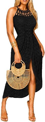 LOVESHOOT Halter Sundresses for Women 2026 Summer Eyelet Ruched Bodycon Midi Dresses Casual Crochet A Line Dress with Slit in Saudi Arabia