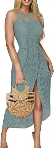 LOVESHOOT Halter Sundresses for Women 2026 Summer Eyelet Ruched Bodycon Midi Dresses Casual Crochet A Line Dress with Slit in Saudi Arabia