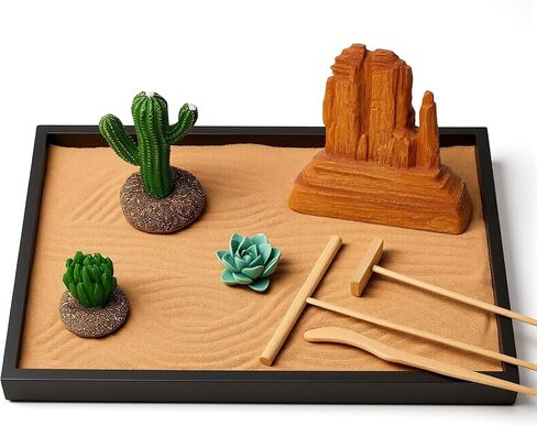 Desert Zen Garden Kit for Desk,12.6x8.6in Premium Sand Tray with 4 Artificial Features, Brown Sands, 3 Wood Tools，Mini Southwestern Desert Decor Zen Sand Garden Set for Home, Office Desk in Saudi Arabia