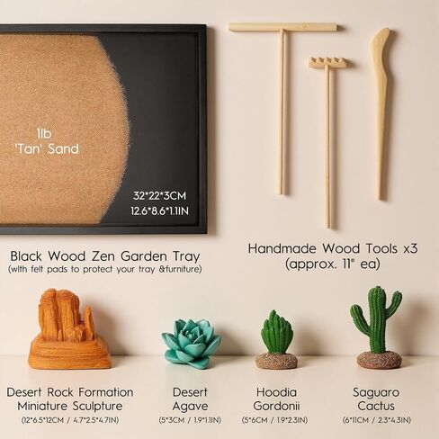 Desert Zen Garden Kit for Desk,12.6x8.6in Premium Sand Tray with 4 Artificial Features, Brown Sands, 3 Wood Tools，Mini Southwestern Desert Decor Zen Sand Garden Set for Home, Office Desk in Saudi Arabia