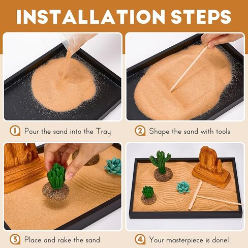 Desert Zen Garden Kit for Desk,12.6x8.6in Premium Sand Tray with 4 Artificial Features, Brown Sands, 3 Wood Tools，Mini Southwestern Desert Decor Zen Sand Garden Set for Home, Office Desk in Saudi Arabia