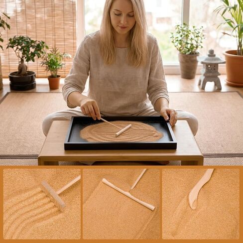 Desert Zen Garden Kit for Desk,12.6x8.6in Premium Sand Tray with 4 Artificial Features, Brown Sands, 3 Wood Tools，Mini Southwestern Desert Decor Zen Sand Garden Set for Home, Office Desk in Saudi Arabia