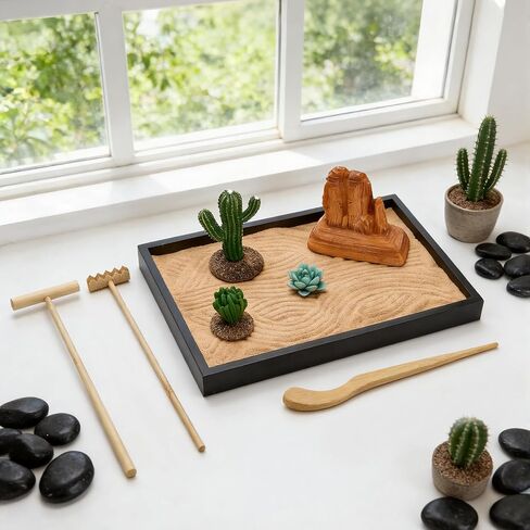 Desert Zen Garden Kit for Desk,12.6x8.6in Premium Sand Tray with 4 Artificial Features, Brown Sands, 3 Wood Tools，Mini Southwestern Desert Decor Zen Sand Garden Set for Home, Office Desk in Saudi Arabia
