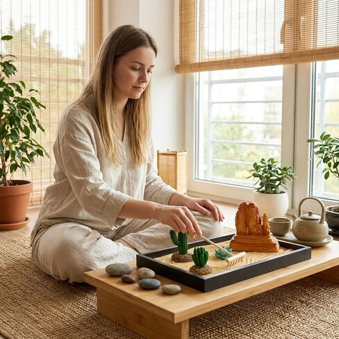 Desert Zen Garden Kit for Desk,12.6x8.6in Premium Sand Tray with 4 Artificial Features, Brown Sands, 3 Wood Tools，Mini Southwestern Desert Decor Zen Sand Garden Set for Home, Office Desk in Saudi Arabia