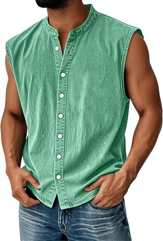 Sleeveless Button Down Shirt Men Crew Neck Vintage Mens Shirts Summmer Solid Breathable Tops Sports Clothes with Pocket in Saudi Arabia