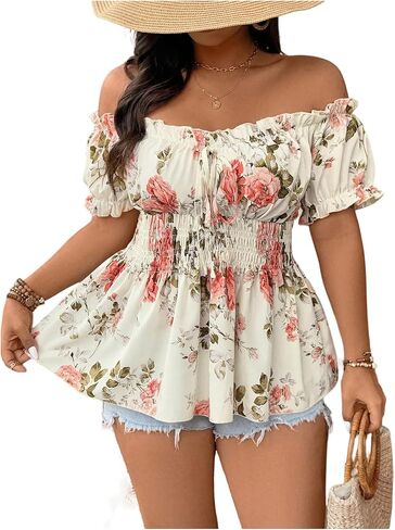 Women's Plus Size Floral Off The Shoulder Tops Boho Peplum Cinched Waist Puff Sleeve Vacation Peasant Blouses in Saudi Arabia