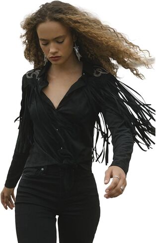 Idyllwind Women's Women's McKinney Faux Suede Long Sleeve Fringe Top - IWSP25K93-BLK US Black in Saudi Arabia