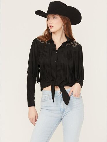 Idyllwind Women's Women's McKinney Faux Suede Long Sleeve Fringe Top - IWSP25K93-BLK US Black in Saudi Arabia
