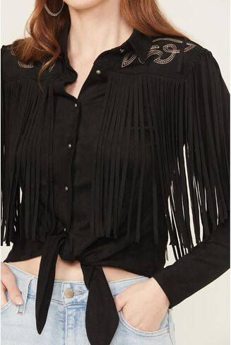 Idyllwind Women's Women's McKinney Faux Suede Long Sleeve Fringe Top - IWSP25K93-BLK US Black in Saudi Arabia