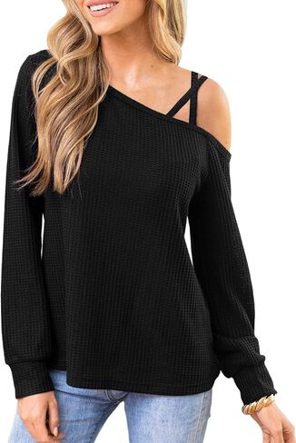 CUPSHE Off Shoulder Shirts for Women Long Sleeve Asymmetrical Tops Dressy Casual Blouses Vacation Outfits Clothes in Kuwait