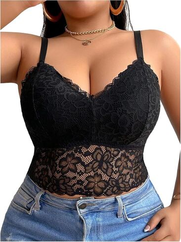 MakeMeChic Women's Plus Size Floral Lace Bra Wireless Scallop Cami Bralette in Saudi Arabia