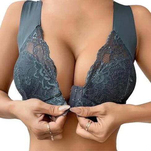 Open Buckle Thin Bra Lace Sexy No Steel Ring Gather Seamless Women's Underwear - Push-Up Front Buckle Fixed Cup Lace Bra in Kuwait