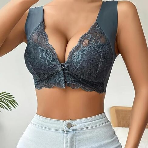 Open Buckle Thin Bra Lace Sexy No Steel Ring Gather Seamless Women's Underwear - Push-Up Front Buckle Fixed Cup Lace Bra in Kuwait