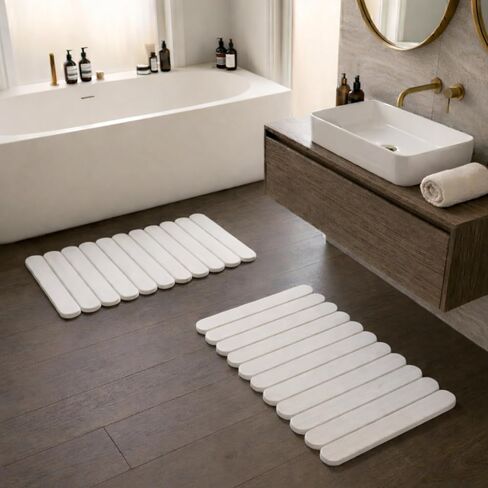 Foldable Stone Bath Mat Large 30" x 17" – Diatomaceous Earth Quick Drying Non-Slip Bathroom Mat – Super Absorbent Diatomite Mat, Durable & Easy to Clean, Modern (White, Large 30" x 17") in Kuwait