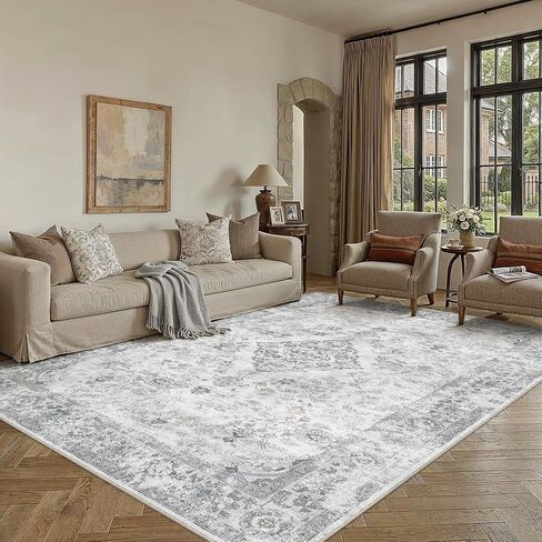 PureCozy Beige 8x10 Washable Area Rug for Living Room Neutral Vintage Floral Medallion Soft Large Rugs Low Pile Non Slip Distressed Indoor Office Carpet for Bedroom Dining Room Nursery in Saudi Arabia