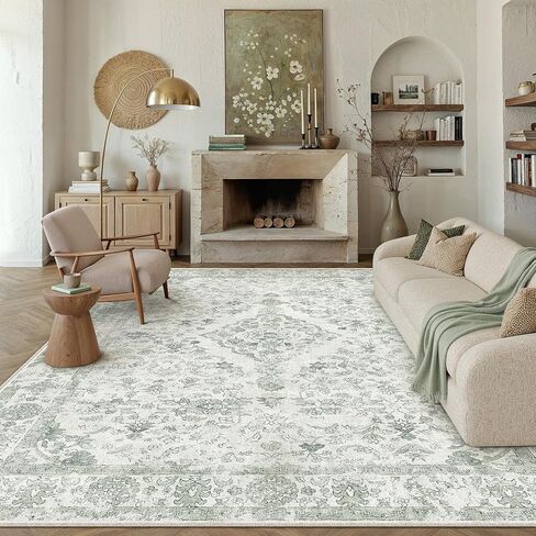 PureCozy Beige 8x10 Washable Area Rug for Living Room Neutral Vintage Floral Medallion Soft Large Rugs Low Pile Non Slip Distressed Indoor Office Carpet for Bedroom Dining Room Nursery in Saudi Arabia