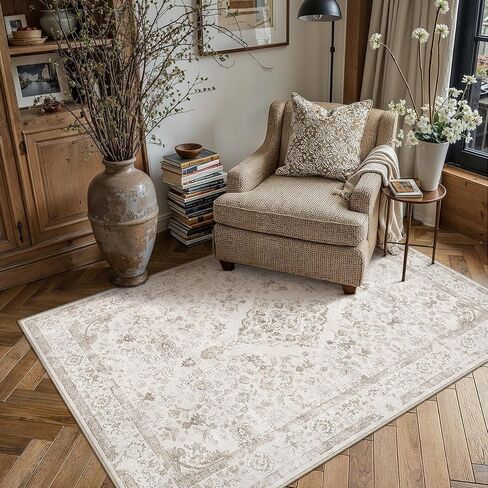 PureCozy Beige 8x10 Washable Area Rug for Living Room Neutral Vintage Floral Medallion Soft Large Rugs Low Pile Non Slip Distressed Indoor Office Carpet for Bedroom Dining Room Nursery in Saudi Arabia
