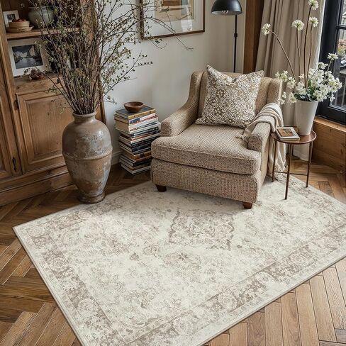 PureCozy Beige 8x10 Washable Area Rug for Living Room Neutral Vintage Floral Medallion Soft Large Rugs Low Pile Non Slip Distressed Indoor Office Carpet for Bedroom Dining Room Nursery in Saudi Arabia