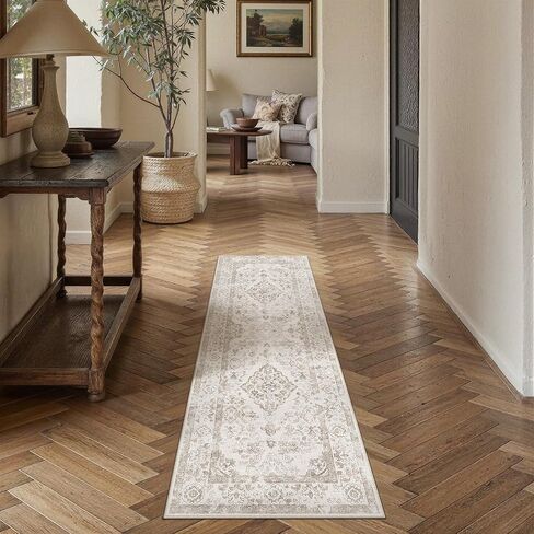 PureCozy Beige 8x10 Washable Area Rug for Living Room Neutral Vintage Floral Medallion Soft Large Rugs Low Pile Non Slip Distressed Indoor Office Carpet for Bedroom Dining Room Nursery in Saudi Arabia