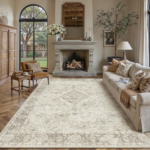 PureCozy Beige 8x10 Washable Area Rug for Living Room Neutral Vintage Floral Medallion Soft Large Rugs Low Pile Non Slip Distressed Indoor Office Carpet for Bedroom Dining Room Nursery in Saudi Arabia