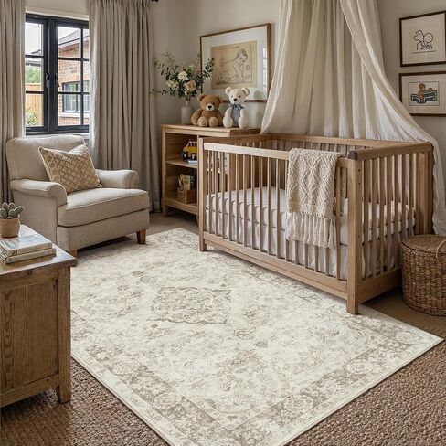 PureCozy Beige 8x10 Washable Area Rug for Living Room Neutral Vintage Floral Medallion Soft Large Rugs Low Pile Non Slip Distressed Indoor Office Carpet for Bedroom Dining Room Nursery in Saudi Arabia