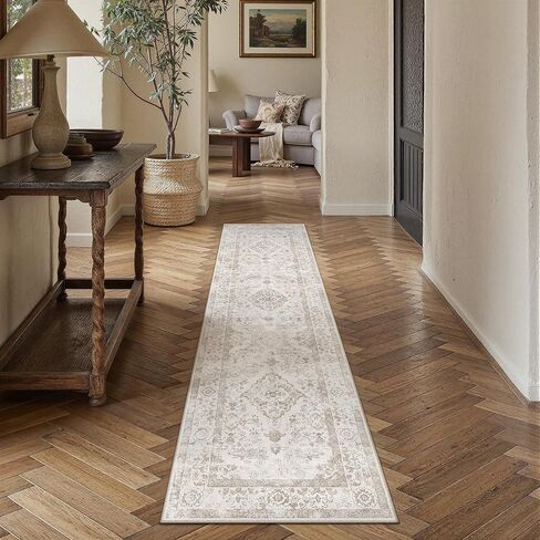 PureCozy Beige 8x10 Washable Area Rug for Living Room Neutral Vintage Floral Medallion Soft Large Rugs Low Pile Non Slip Distressed Indoor Office Carpet for Bedroom Dining Room Nursery in Saudi Arabia