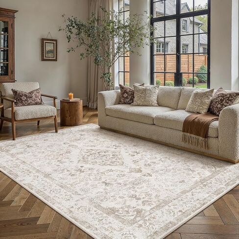 PureCozy Beige 8x10 Washable Area Rug for Living Room Neutral Vintage Floral Medallion Soft Large Rugs Low Pile Non Slip Distressed Indoor Office Carpet for Bedroom Dining Room Nursery in Saudi Arabia