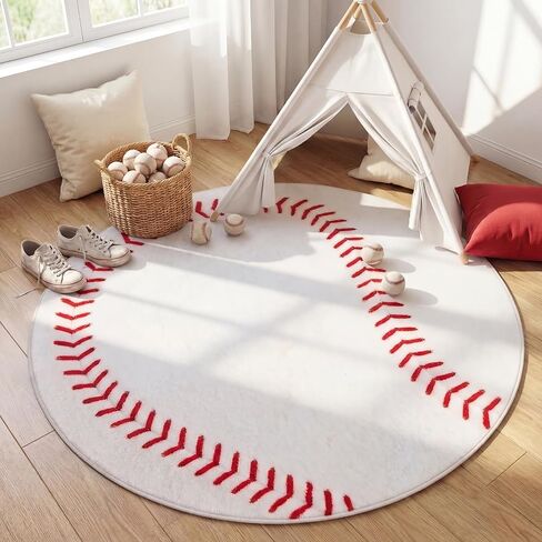 Dunzy 4ft/48inch Baseball Rug for Boys Room Sports Themed Room Decor for Kids Round Soft Washable Rugs with Non Slip Backing Baseball Themed Round Area Blanket for Bedroom Living Rooms Playroom Decor in Kuwait