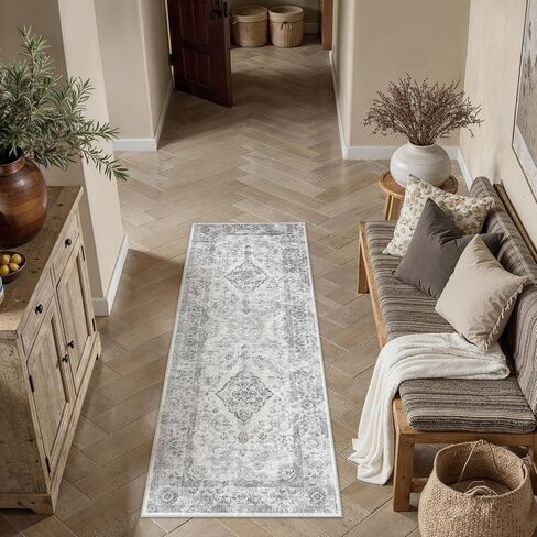 PureCozy Beige 8x10 Washable Area Rug for Living Room Neutral Vintage Floral Medallion Soft Large Rugs Low Pile Non Slip Distressed Indoor Office Carpet for Bedroom Dining Room Nursery in Saudi Arabia