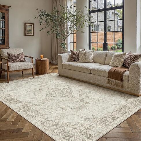 PureCozy Beige 8x10 Washable Area Rug for Living Room Neutral Vintage Floral Medallion Soft Large Rugs Low Pile Non Slip Distressed Indoor Office Carpet for Bedroom Dining Room Nursery in Saudi Arabia