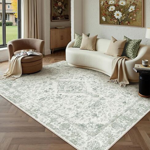 PureCozy Beige 8x10 Washable Area Rug for Living Room Neutral Vintage Floral Medallion Soft Large Rugs Low Pile Non Slip Distressed Indoor Office Carpet for Bedroom Dining Room Nursery in Saudi Arabia