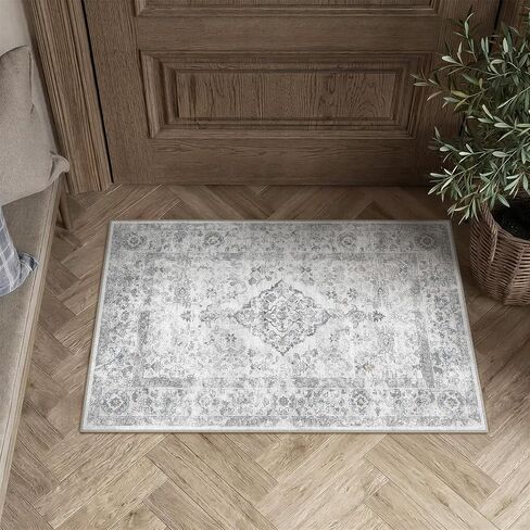 PureCozy Beige 8x10 Washable Area Rug for Living Room Neutral Vintage Floral Medallion Soft Large Rugs Low Pile Non Slip Distressed Indoor Office Carpet for Bedroom Dining Room Nursery in Saudi Arabia