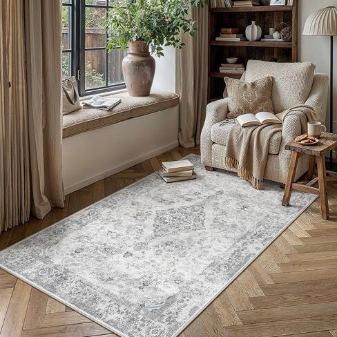 PureCozy Beige 8x10 Washable Area Rug for Living Room Neutral Vintage Floral Medallion Soft Large Rugs Low Pile Non Slip Distressed Indoor Office Carpet for Bedroom Dining Room Nursery in Saudi Arabia