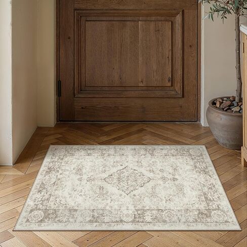PureCozy Beige 8x10 Washable Area Rug for Living Room Neutral Vintage Floral Medallion Soft Large Rugs Low Pile Non Slip Distressed Indoor Office Carpet for Bedroom Dining Room Nursery in Saudi Arabia