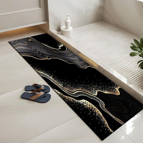 Black and Gold Bathroom Rugs 17"x 47" Marble Long Runner Rug Bath Mats Black Bathroom Decor Absorbent Non Slip Shower Mats with Rubber Backing for Home Laundry in Saudi Arabia
