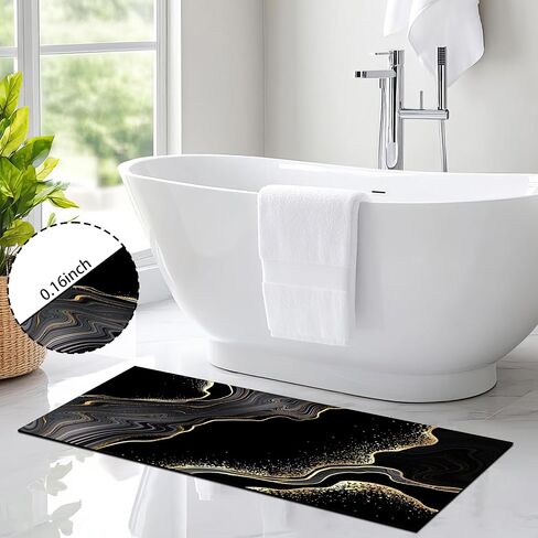 Black and Gold Bathroom Rugs 17"x 47" Marble Long Runner Rug Bath Mats Black Bathroom Decor Absorbent Non Slip Shower Mats with Rubber Backing for Home Laundry in Saudi Arabia