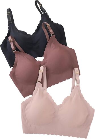 OYOANGLE Women's Plus Size Seamless Bras No Underwire Push Up Scalloped V Neck Padded Wireless Bralette 3 Pack in Saudi Arabia
