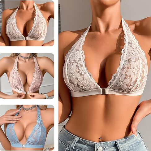 3 قطع من حمالة الصدر النسائية من الدانتيل Bralette اللاسلكية المثيرة والشفافة ذات الرقبة الرسن العميق على شكل حرف V وإغلاق أمامي in Kuwait