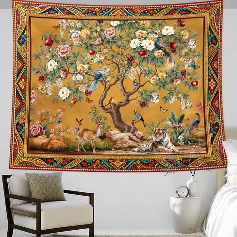 Riyidecor Tree of Life Tapestry Boho Vintage Yellow Trees Indian Bohemian Birds Plant Animal Tiger Aesthetic Wall Hanging 59Wx51H Inch Bedroom Living Room Dorm Wall Home Decor in Kuwait