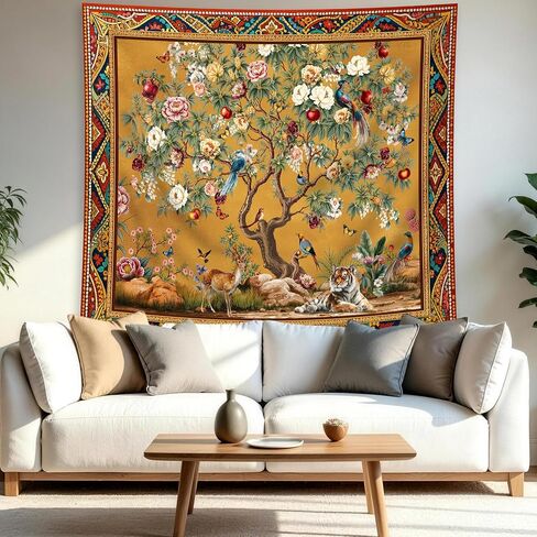 Riyidecor Tree of Life Tapestry Boho Vintage Yellow Trees Indian Bohemian Birds Plant Animal Tiger Aesthetic Wall Hanging 59Wx51H Inch Bedroom Living Room Dorm Wall Home Decor in Kuwait