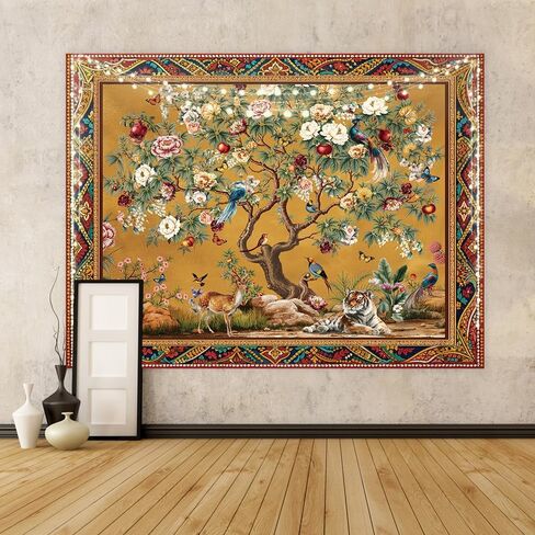 Riyidecor Tree of Life Tapestry Boho Vintage Yellow Trees Indian Bohemian Birds Plant Animal Tiger Aesthetic Wall Hanging 59Wx51H Inch Bedroom Living Room Dorm Wall Home Decor in Kuwait