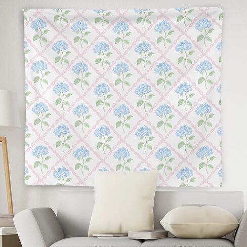 WNAGT Blue Hydrangea Floral Tapestry Wall Hanging, Preppy Pink Trellis Grandmillennial Hydrangea Flower Wall Blanket Decor for Girls Bedroom Dorm Apartment Home, 50x60 Inch in Saudi Arabia