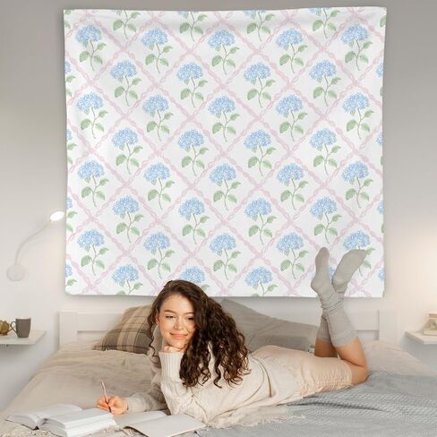 WNAGT Blue Hydrangea Floral Tapestry Wall Hanging, Preppy Pink Trellis Grandmillennial Hydrangea Flower Wall Blanket Decor for Girls Bedroom Dorm Apartment Home, 50x60 Inch in Saudi Arabia