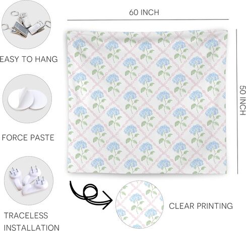 WNAGT Blue Hydrangea Floral Tapestry Wall Hanging, Preppy Pink Trellis Grandmillennial Hydrangea Flower Wall Blanket Decor for Girls Bedroom Dorm Apartment Home, 50x60 Inch in Saudi Arabia