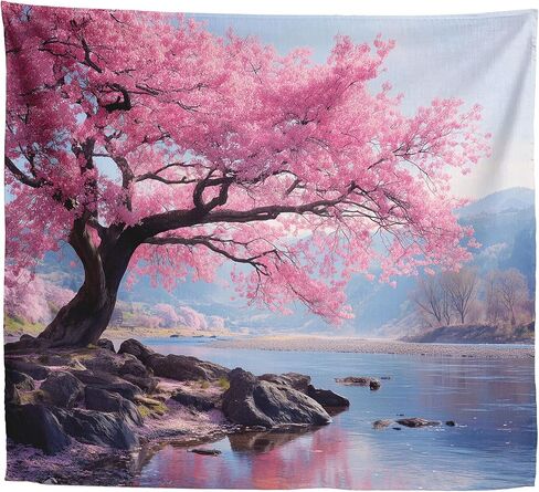 Elmsfell Cherry Blossom Tree Tapestry - Japanese Sakura Landscape Wall Art, Zen Nature Scenery Aesthetic, Spring Pink Floral Room Decor (50x60) in Saudi Arabia