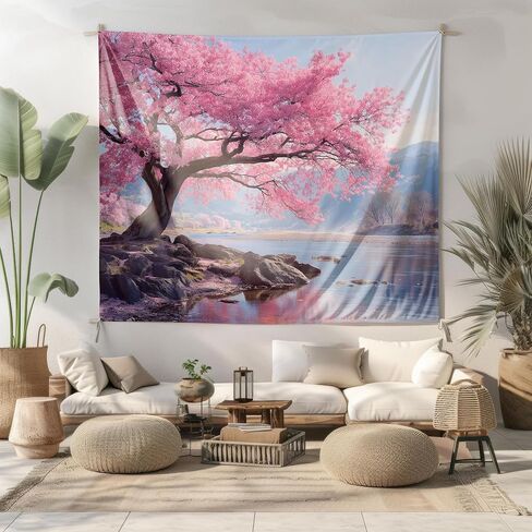 Elmsfell Cherry Blossom Tree Tapestry - Japanese Sakura Landscape Wall Art, Zen Nature Scenery Aesthetic, Spring Pink Floral Room Decor (50x60) in Saudi Arabia