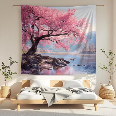 Elmsfell Cherry Blossom Tree Tapestry - Japanese Sakura Landscape Wall Art, Zen Nature Scenery Aesthetic, Spring Pink Floral Room Decor (50x60) in Saudi Arabia
